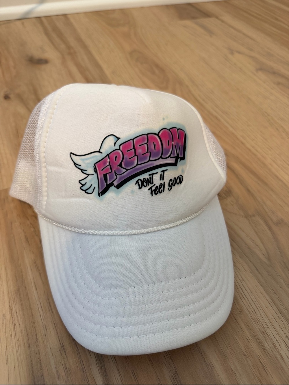 Justin Bieber White Trucker Cap with Pink-to-Purple Freedom Graphic